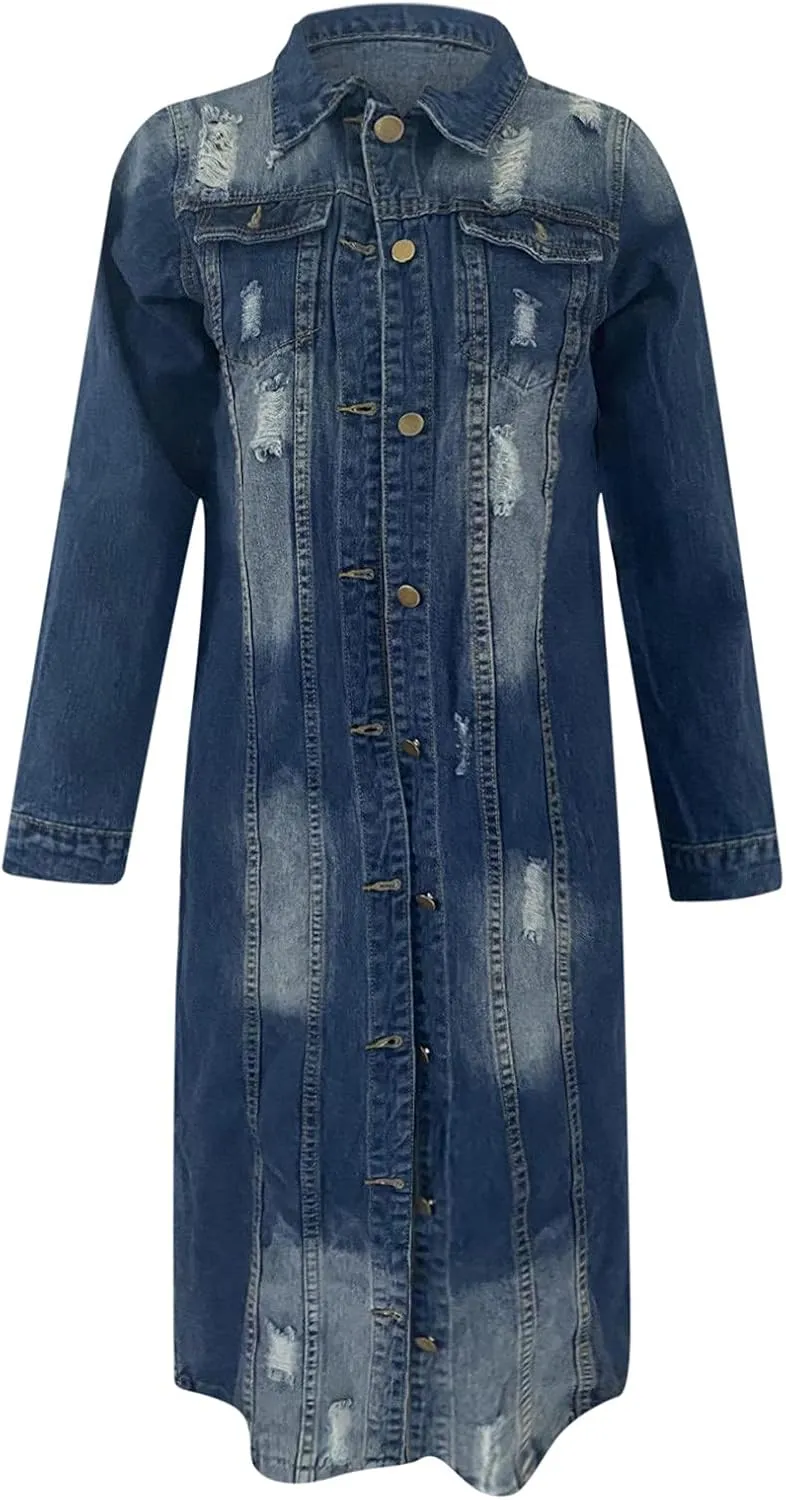 Women's Long Double Breasted Denim Jacket Oversized Button Down Maxi Jean Coat Classic Lapel Outercoat