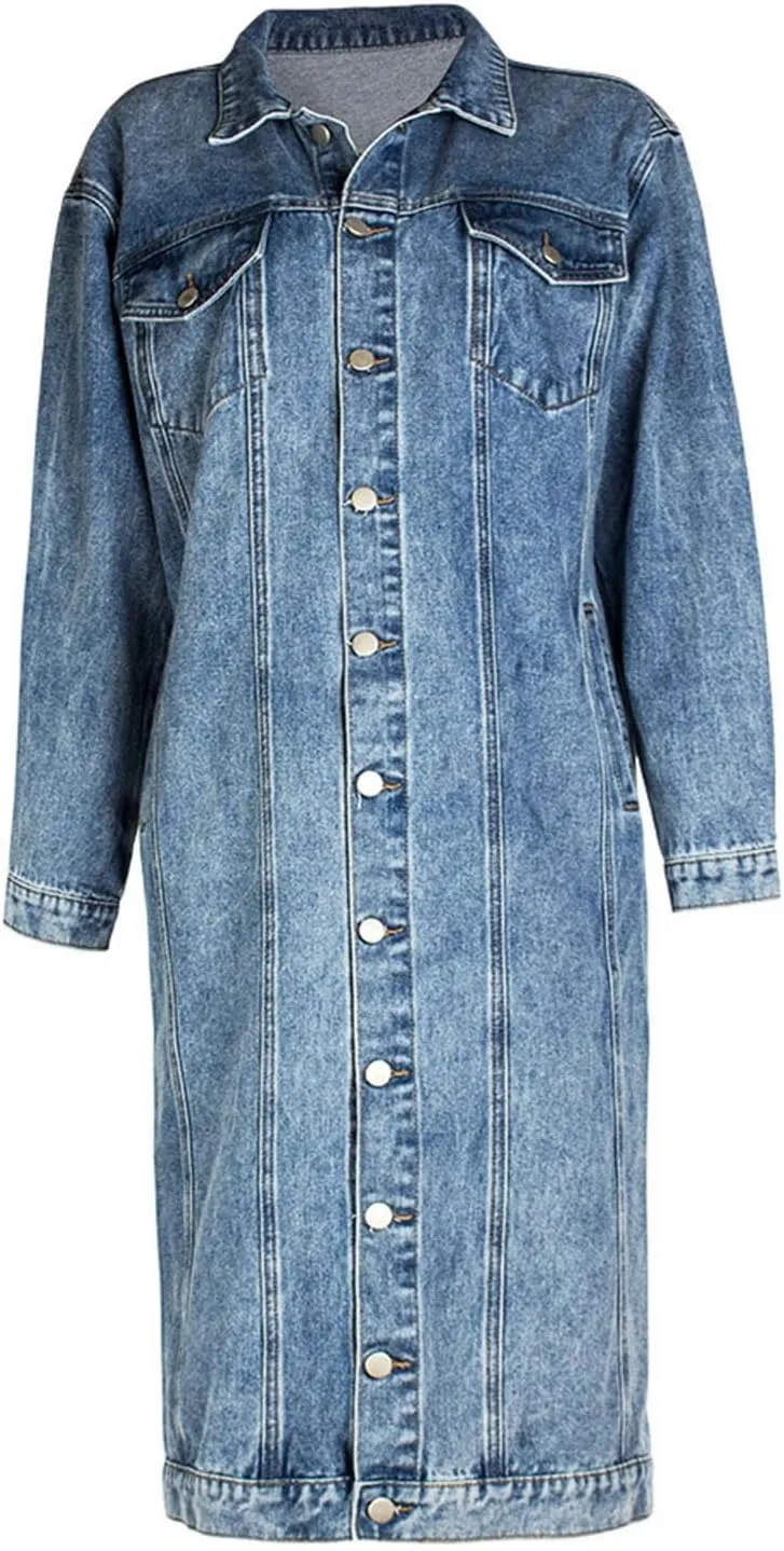 Women's Long Double Breasted Denim Jacket Oversized Button Down Maxi Jean Coat Classic Lapel Outercoat