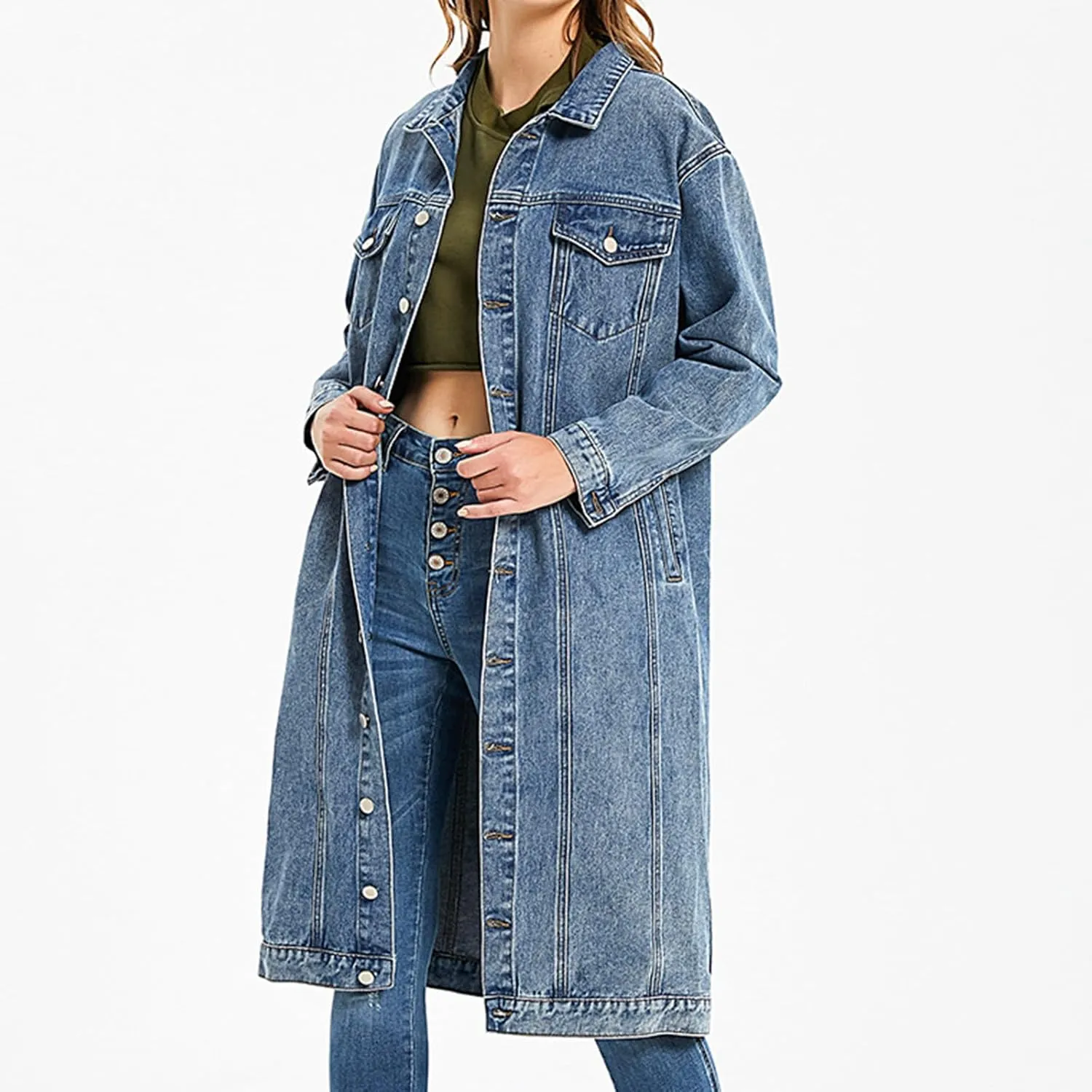 Women's Long Double Breasted Denim Jacket Oversized Button Down Maxi Jean Coat Classic Lapel Outercoat