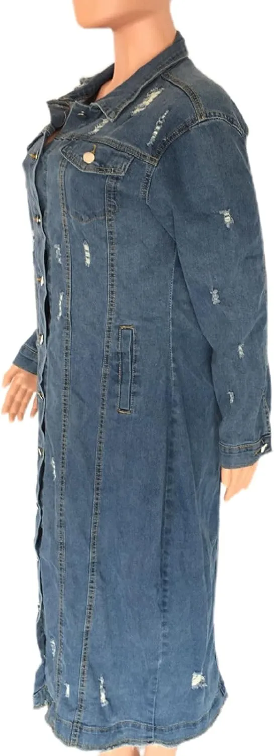 Women's Long Double Breasted Denim Jacket Oversized Button Down Maxi Jean Coat Classic Lapel Outercoat