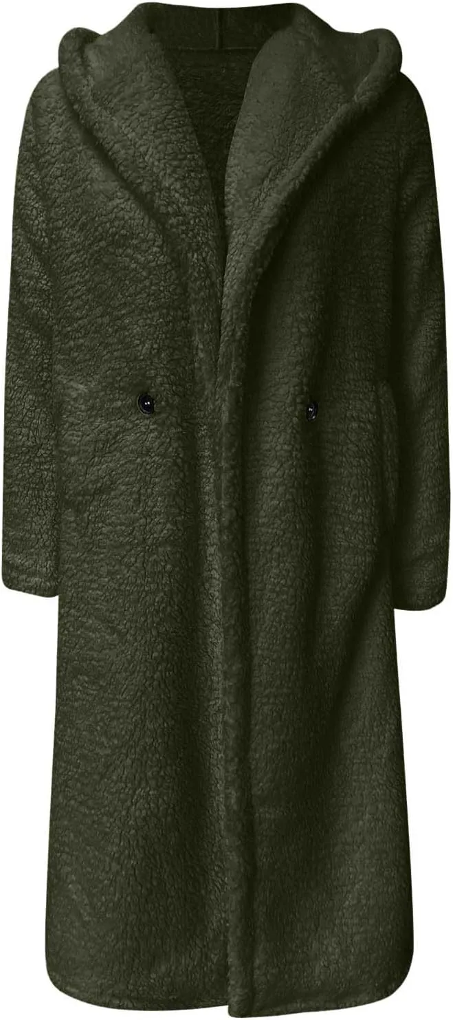Womens Long Sleeve Jackets Sherpa Lined Solid Color Fuzzy Fleece Open Front Long Jacket Oversized Hooded Cardigan