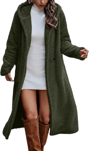 Womens Long Sleeve Jackets Sherpa Lined Solid Color Fuzzy Fleece Open Front Long Jacket Oversized Hooded Cardigan