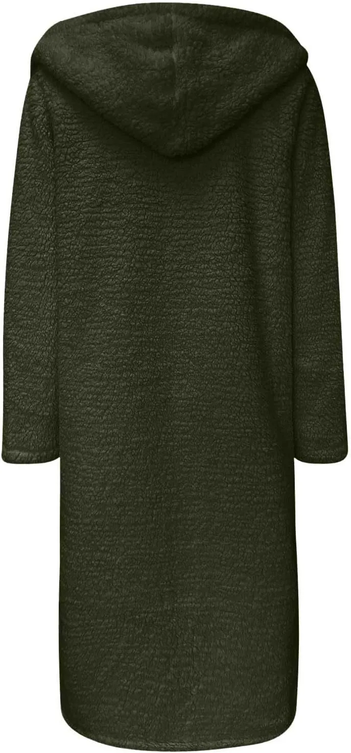 Womens Long Sleeve Jackets Sherpa Lined Solid Color Fuzzy Fleece Open Front Long Jacket Oversized Hooded Cardigan