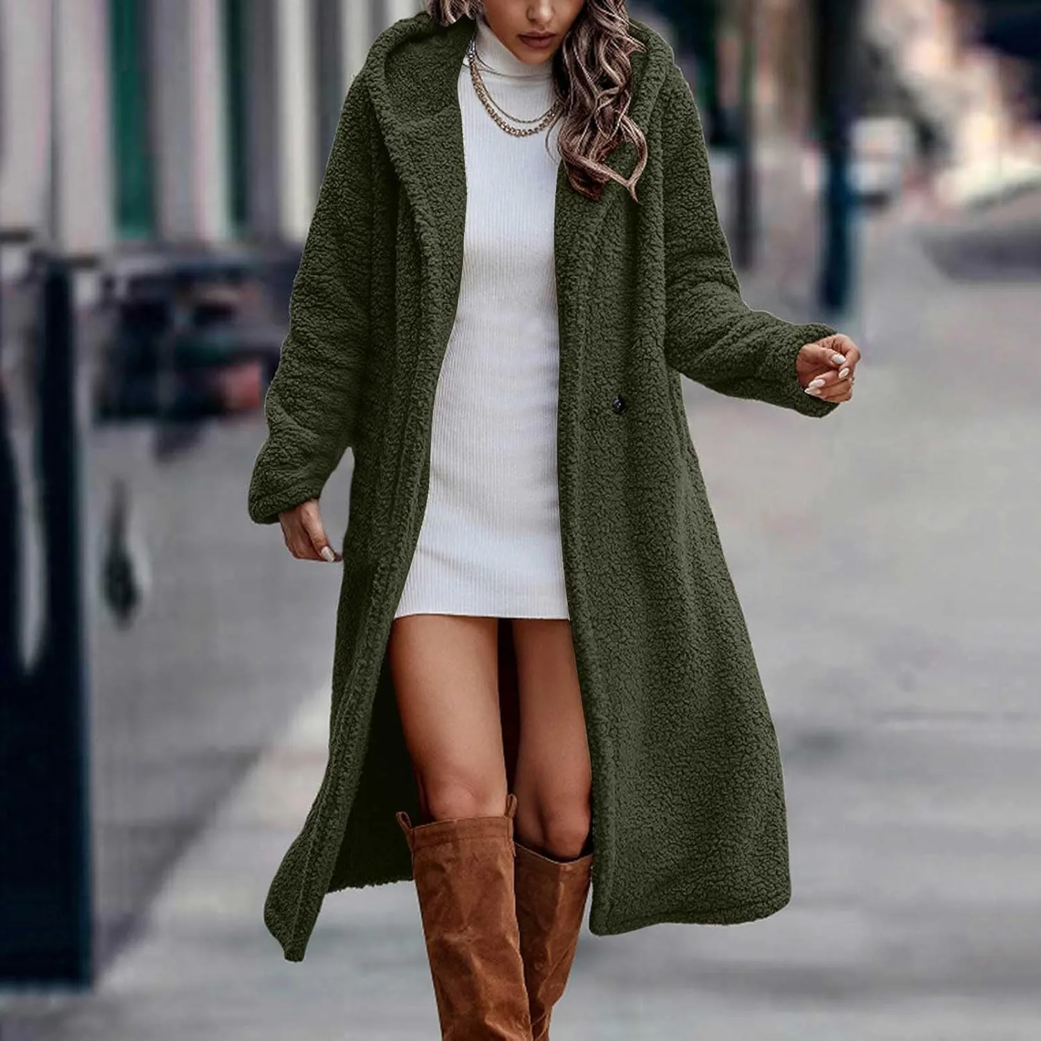 Womens Long Sleeve Jackets Sherpa Lined Solid Color Fuzzy Fleece Open Front Long Jacket Oversized Hooded Cardigan