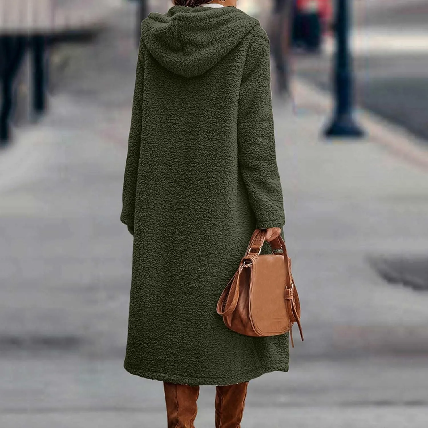 Womens Long Sleeve Jackets Sherpa Lined Solid Color Fuzzy Fleece Open Front Long Jacket Oversized Hooded Cardigan