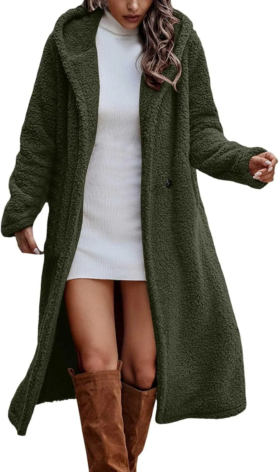 Womens Long Sleeve Jackets Sherpa Lined Solid Color Fuzzy Fleece Open Front Long Jacket Oversized Hooded Cardigan