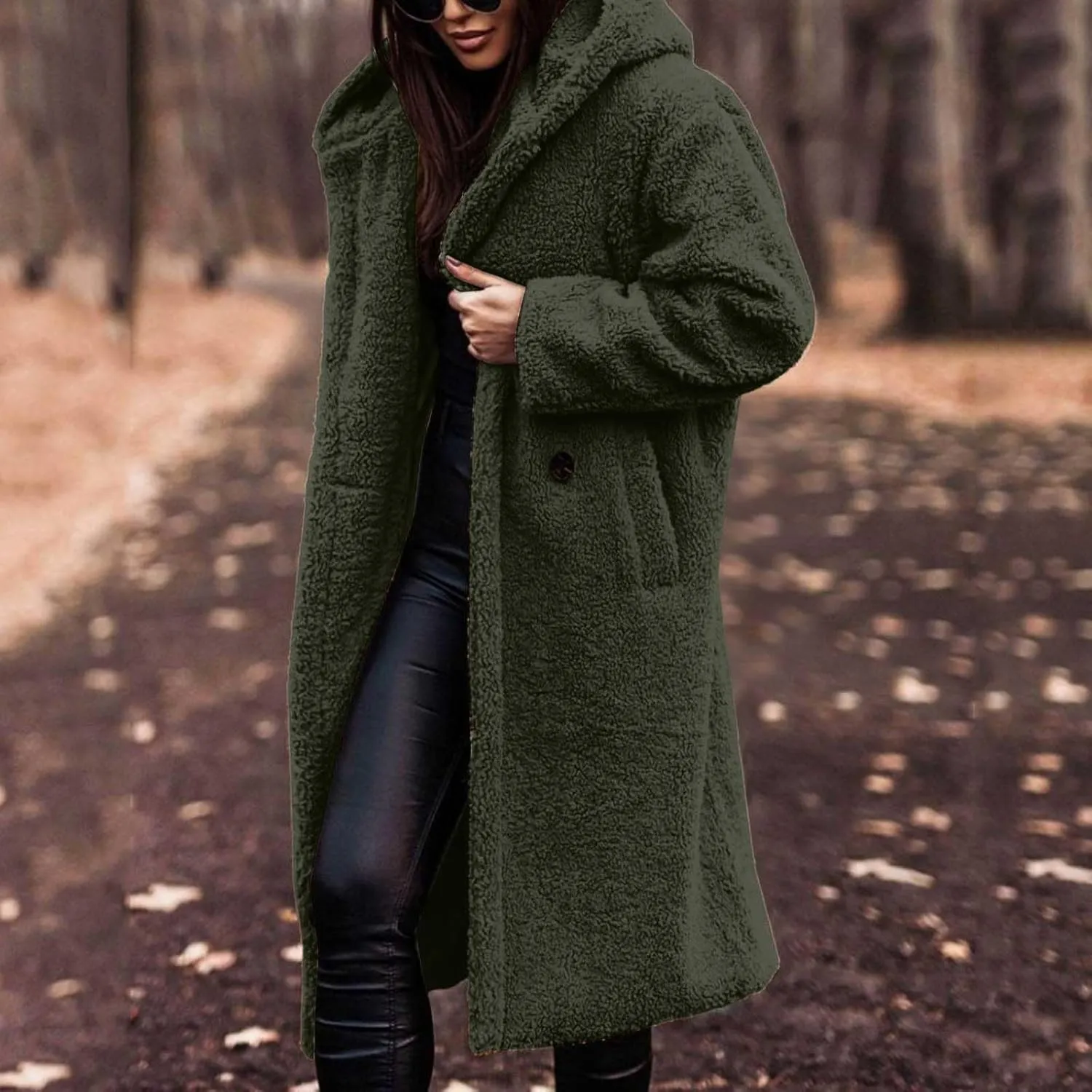 Womens Long Sleeve Jackets Sherpa Lined Solid Color Fuzzy Fleece Open Front Long Jacket Oversized Hooded Cardigan