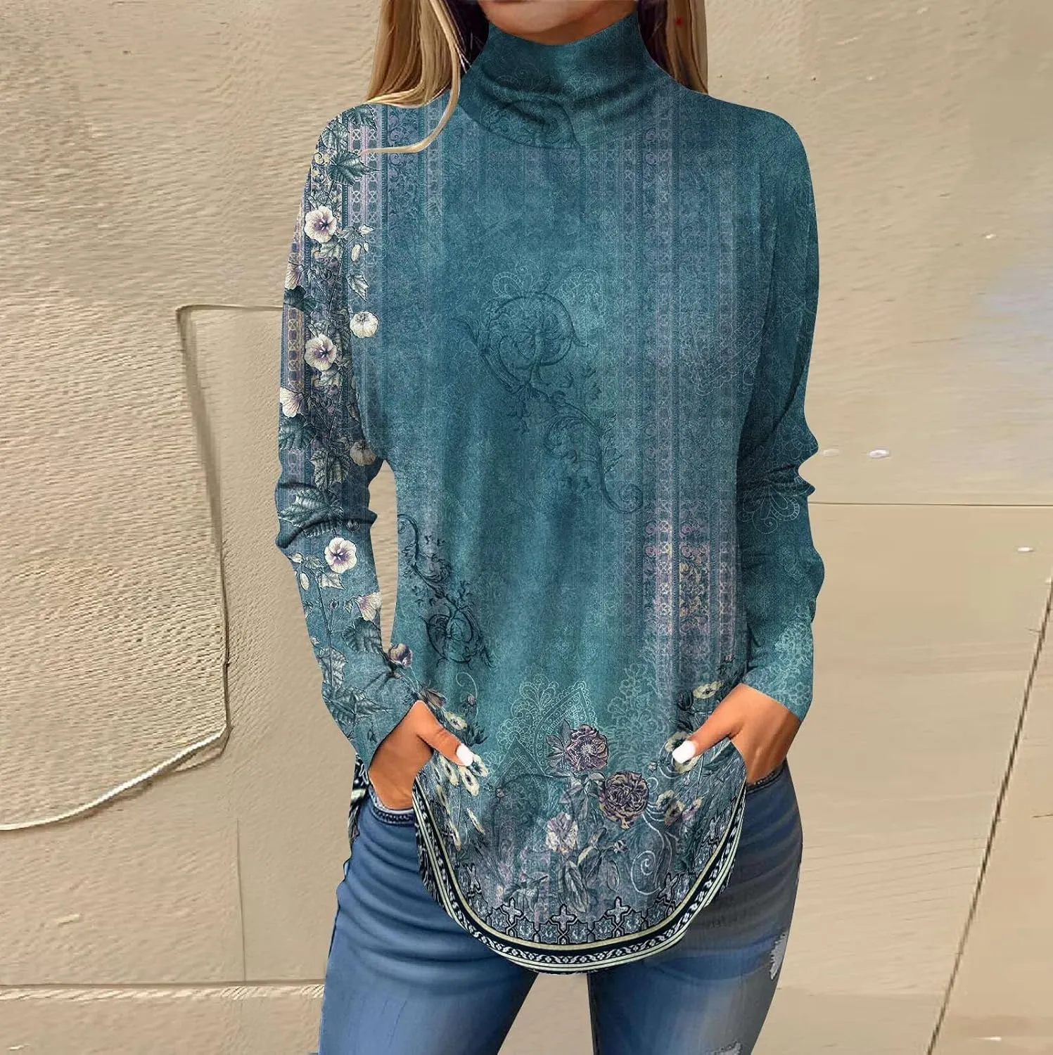 Womens Long Sleeve Tops Printing Long Sleeve T Shirt High Neck Classic Outfits Winter Trendy Cute Pullover Tops
