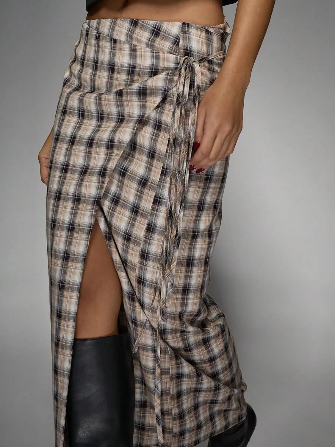 Women's Maxi Skirt Summer Midi High Waist Checked Wrap Around Skirt