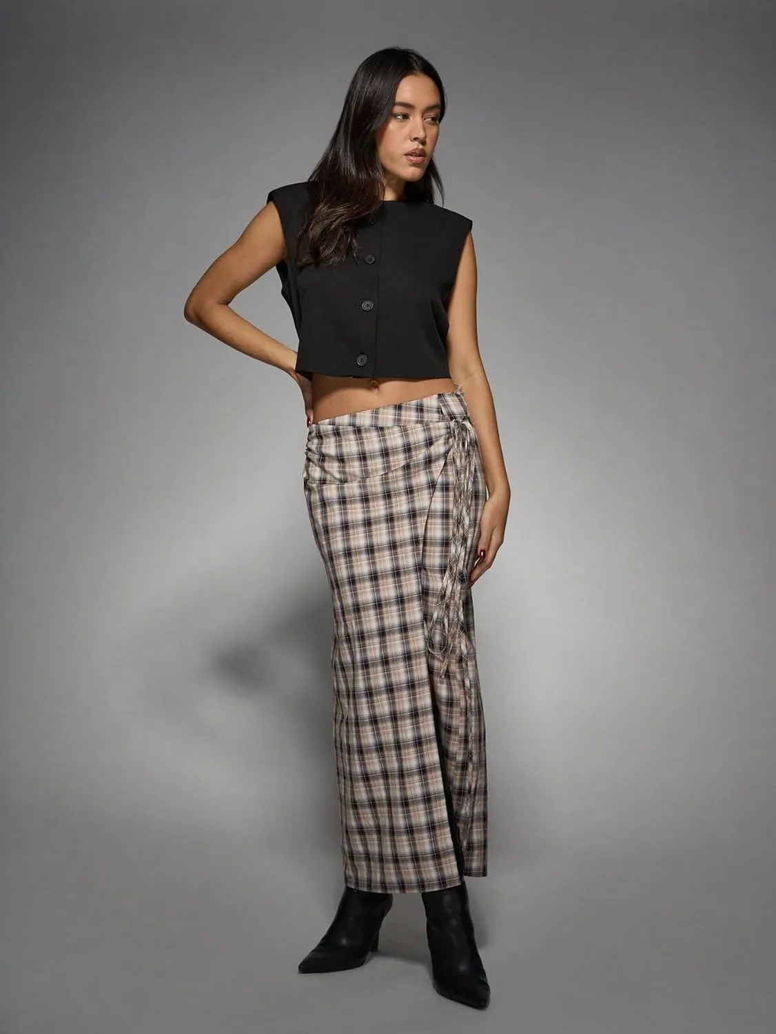 Women's Maxi Skirt Summer Midi High Waist Checked Wrap Around Skirt