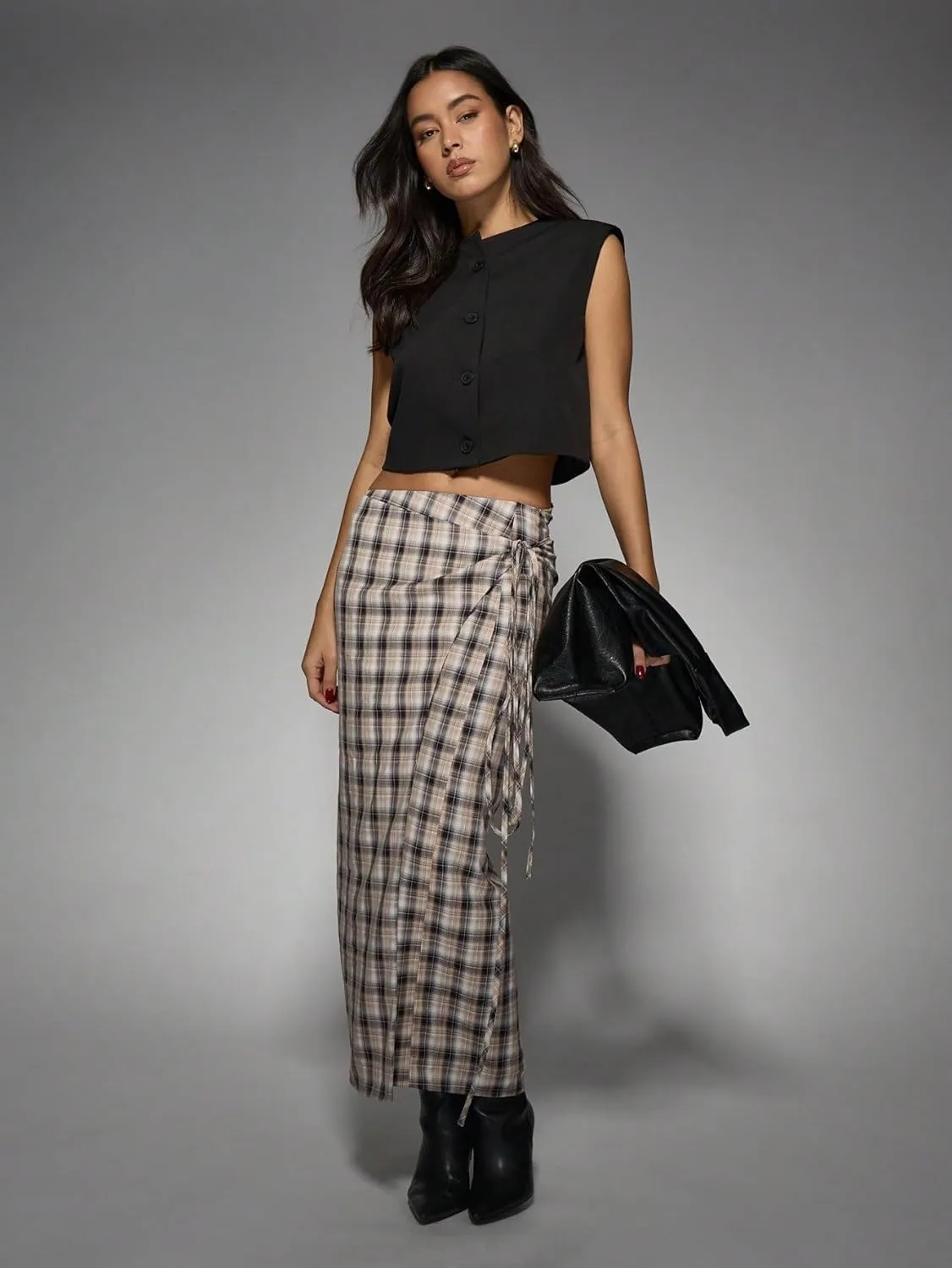 Women's Maxi Skirt Summer Midi High Waist Checked Wrap Around Skirt