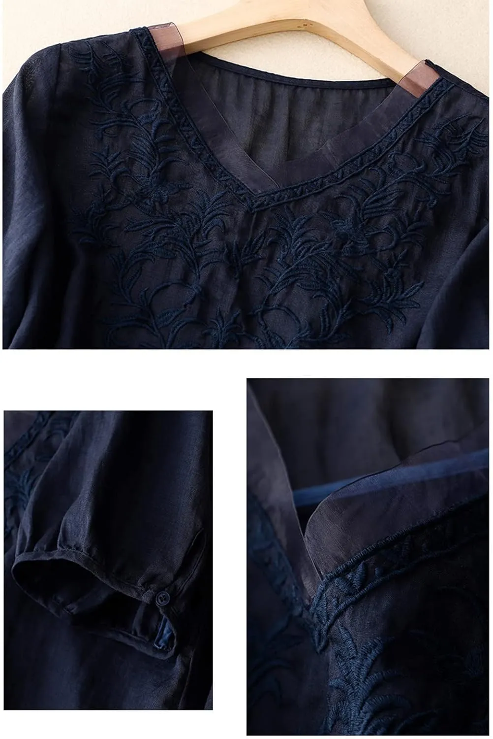 Womens Peasant Tops and Blouses Mexican V Neck Cotton Linen T-Shirts Summer Embroidered Short Sleeve Blouse