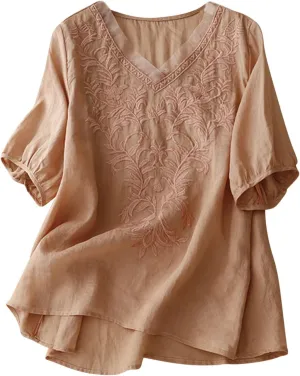 Womens Peasant Tops and Blouses Mexican V Neck Cotton Linen T-Shirts Summer Embroidered Short Sleeve Blouse