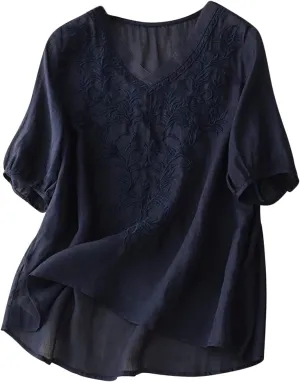 Womens Peasant Tops and Blouses Mexican V Neck Cotton Linen T-Shirts Summer Embroidered Short Sleeve Blouse