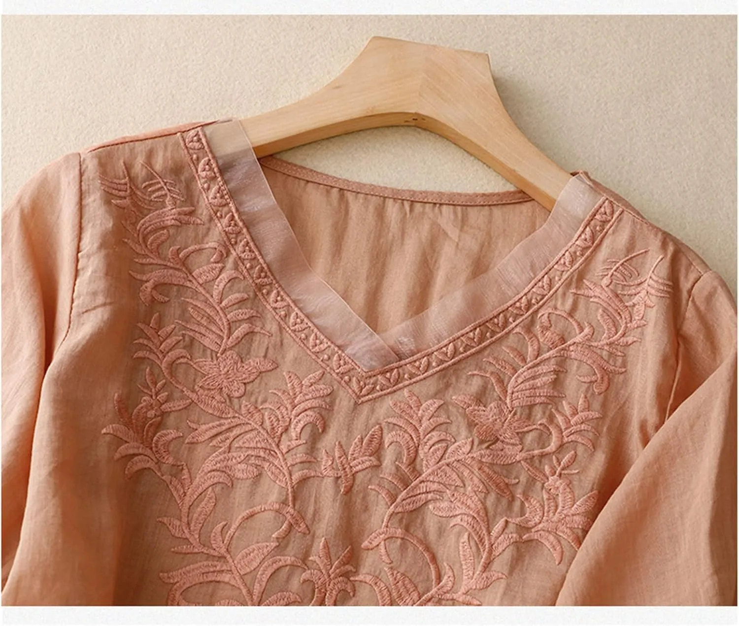Womens Peasant Tops and Blouses Mexican V Neck Cotton Linen T-Shirts Summer Embroidered Short Sleeve Blouse