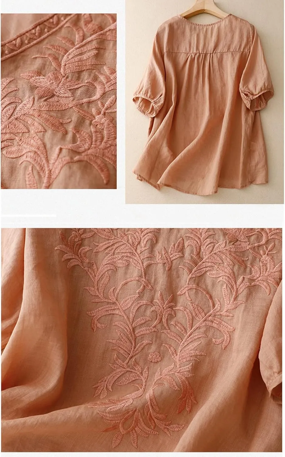 Womens Peasant Tops and Blouses Mexican V Neck Cotton Linen T-Shirts Summer Embroidered Short Sleeve Blouse