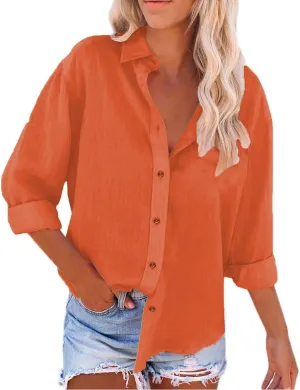 Women's Plus Size Linen T-Shirts Fall Lapel Long Sleeve Tops Casual Loose Lightweight Outdoor Beach Solid Shirts