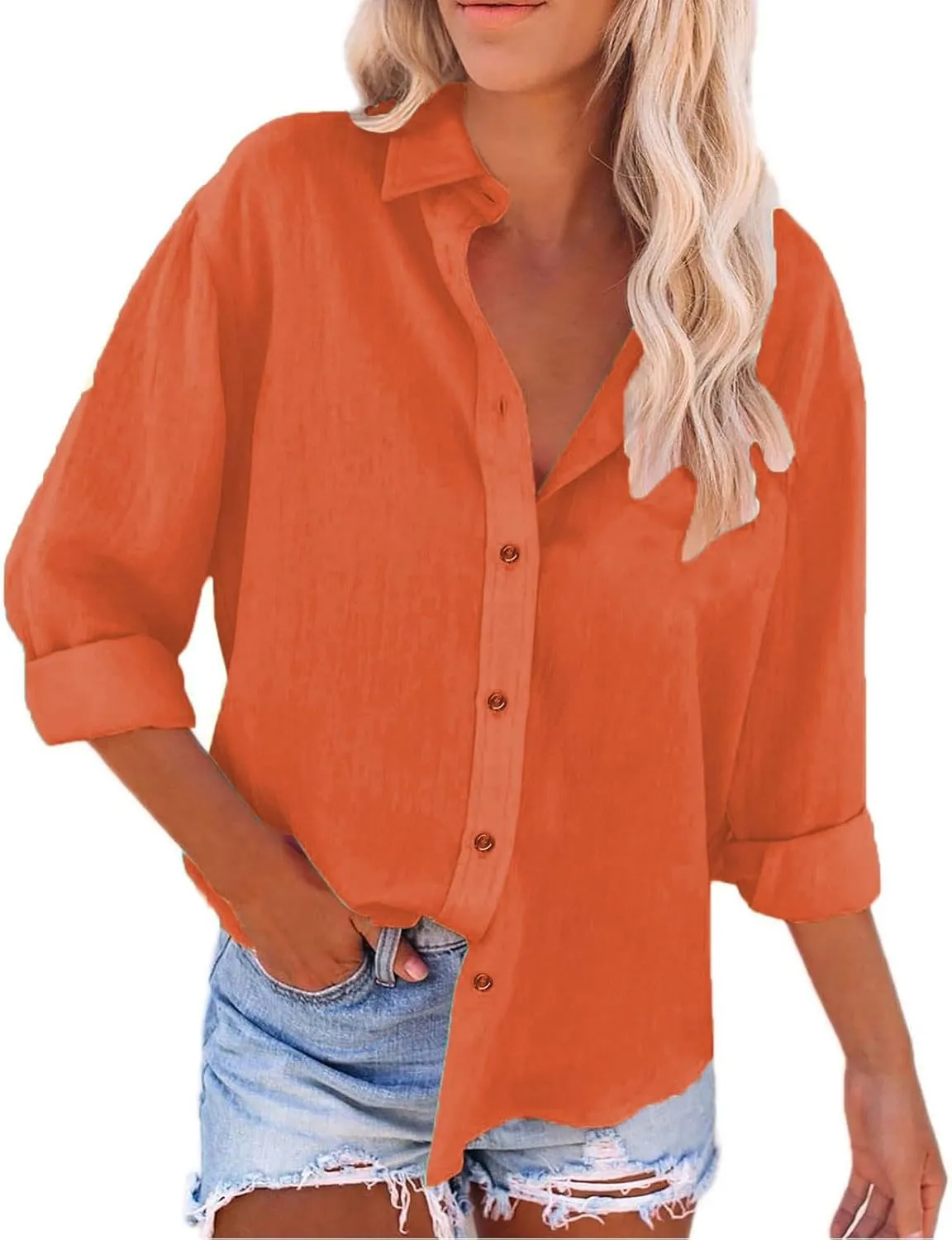 Women's Plus Size Linen T-Shirts Fall Lapel Long Sleeve Tops Casual Loose Lightweight Outdoor Beach Solid Shirts