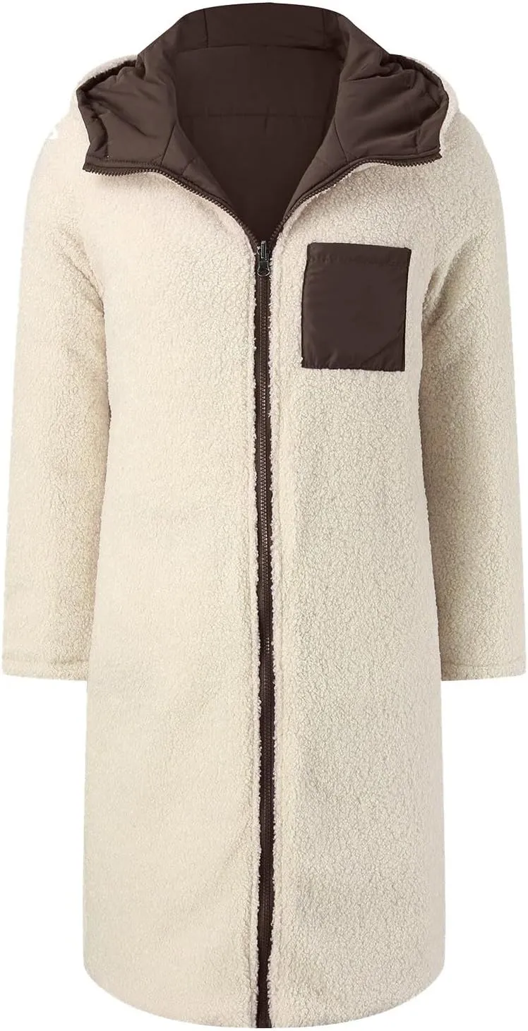 Womens Puffer Coat Casual Fleece Jacket Fashion Full Zip Long Sleeve Hooded Down Jackets Winter Loose Fit Windbreaker