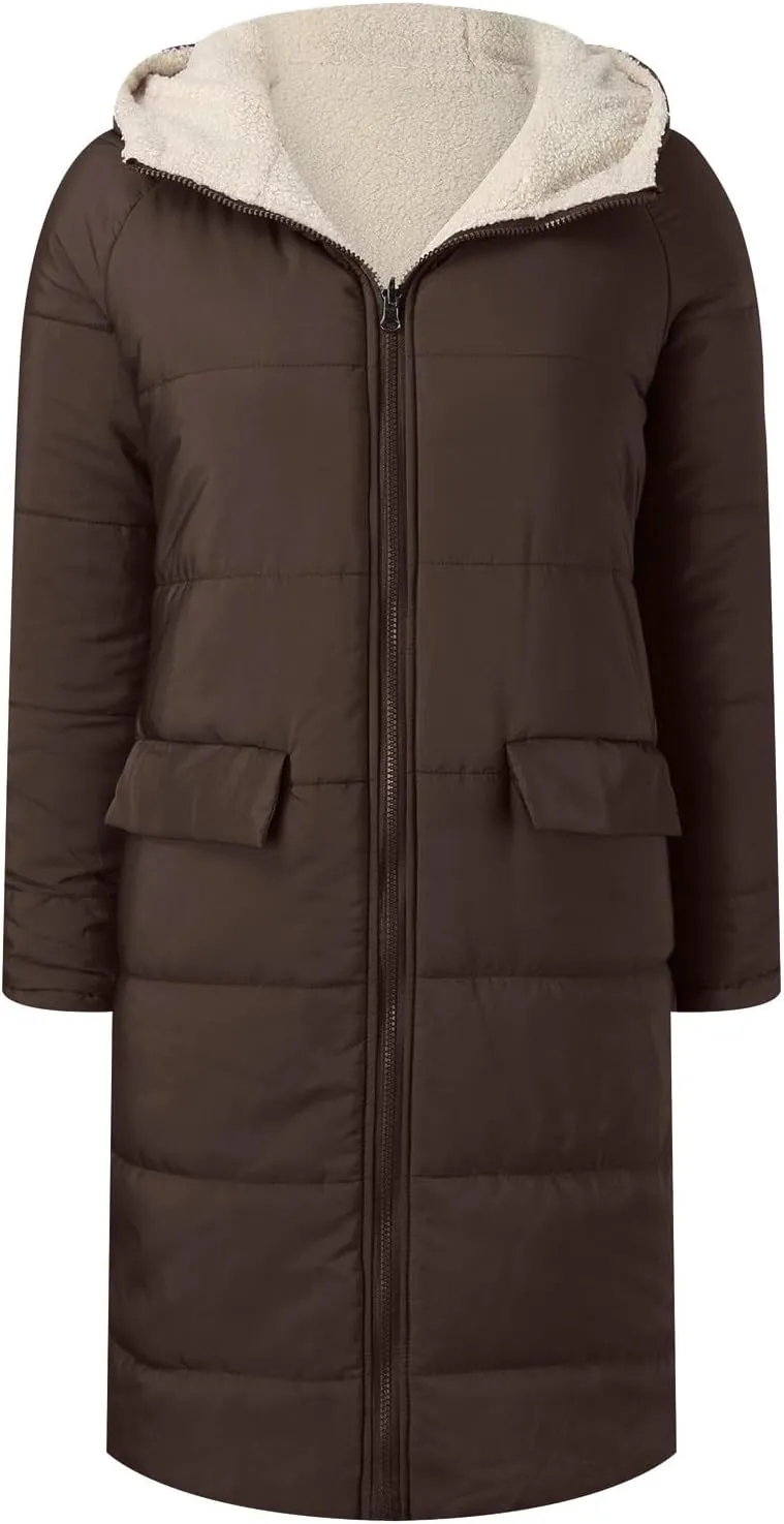 Womens Puffer Coat Casual Fleece Jacket Fashion Full Zip Long Sleeve Hooded Down Jackets Winter Loose Fit Windbreaker