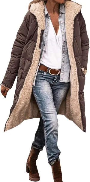 Womens Puffer Coat Casual Fleece Jacket Fashion Full Zip Long Sleeve Hooded Down Jackets Winter Loose Fit Windbreaker