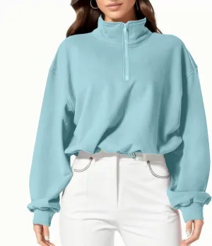 Womens Quarter Zip Pullover High Neck Sweatshirt Cropped Fleece Lined Long Sleeve Casual Tops Fall Winter Clothes