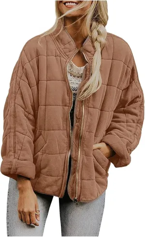 Womens Quilted Puffer Jackets Baggy Lightweight Zipper Button Short Padded Down Coats Warm Outwear Tops with Pockets