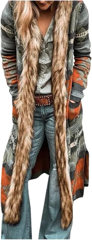 Womens Raw Hem Long Cardigans Trench Coat Oversized Boho Western Faux Fur Hoodie Overcoat Vintage Midi Length Outwear