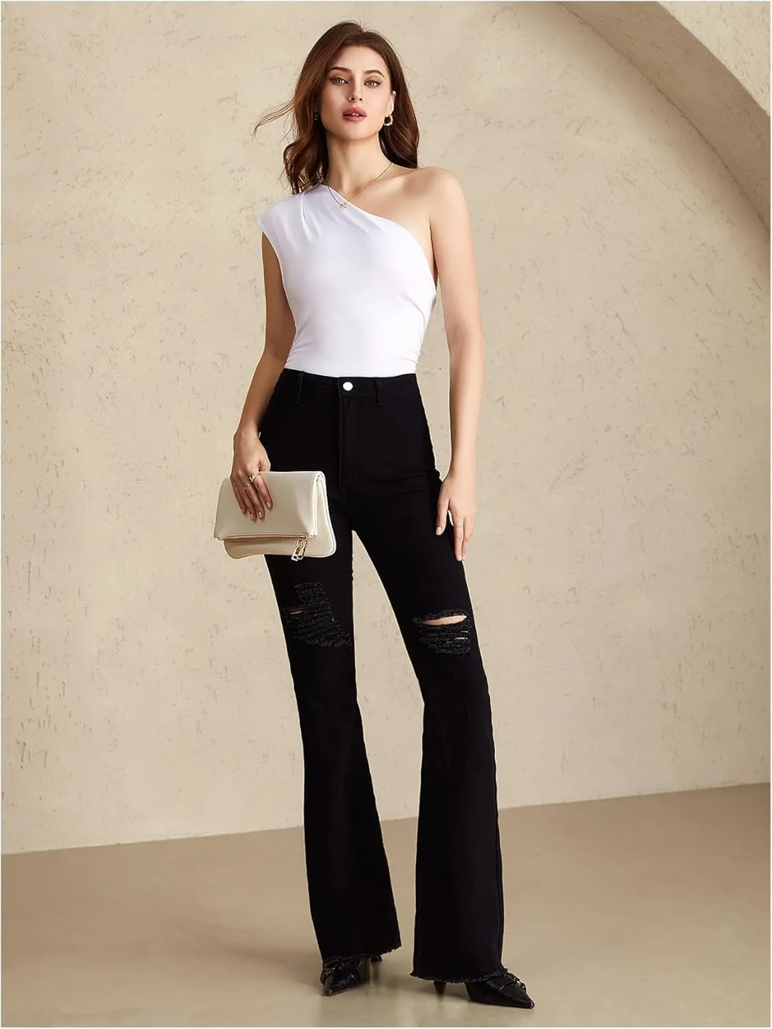 Women's Ripped Flare Jeans High Waisted Raw Hem Dressy Casual Denim Pants