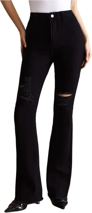 Women's Ripped Flare Jeans High Waisted Raw Hem Dressy Casual Denim Pants