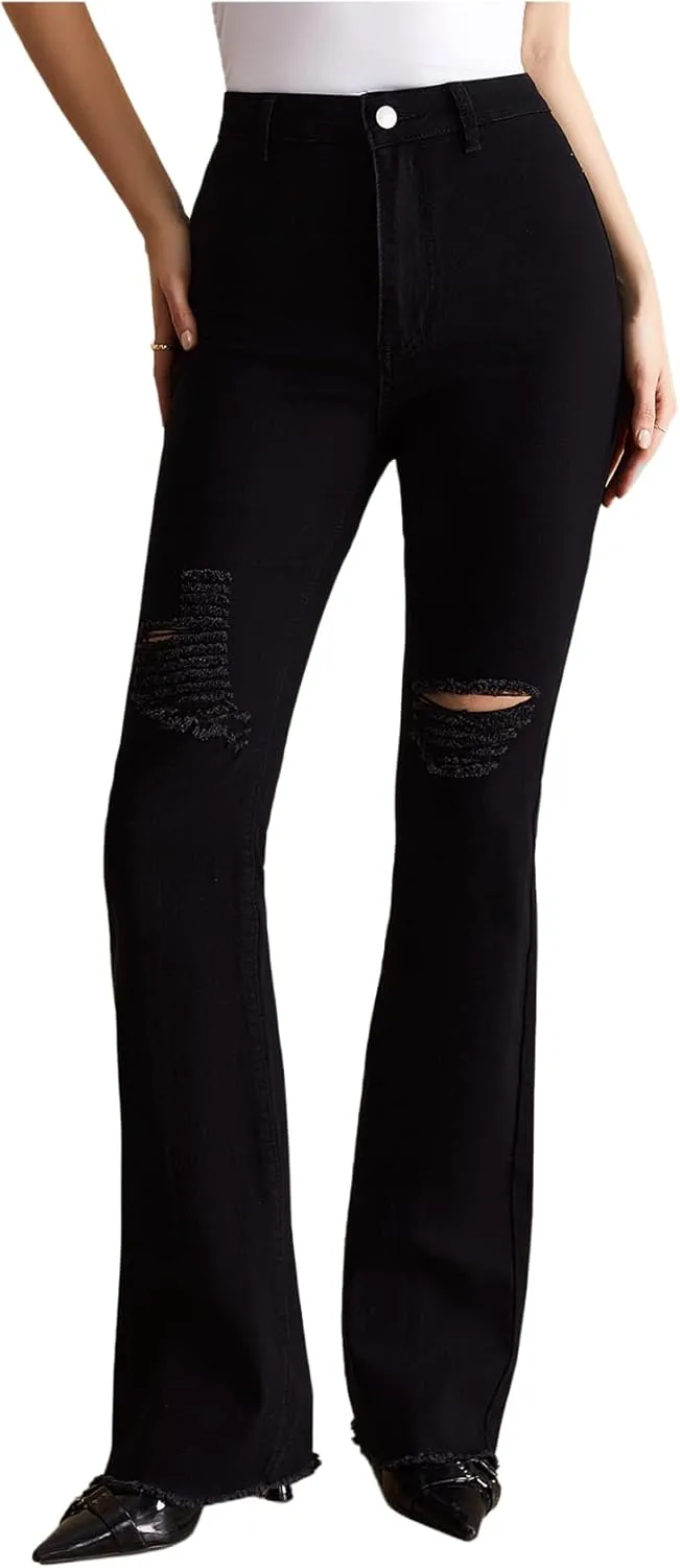 Women's Ripped Flare Jeans High Waisted Raw Hem Dressy Casual Denim Pants