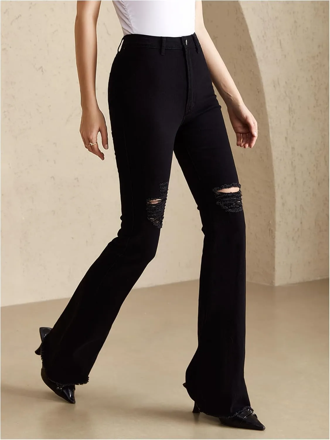 Women's Ripped Flare Jeans High Waisted Raw Hem Dressy Casual Denim Pants