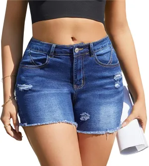 Womens Ripped Stretchy Denim Shorts High Waisted Vintage Raw Hem Distressed Mom Jean Shorts with Pockets 2025 Summer