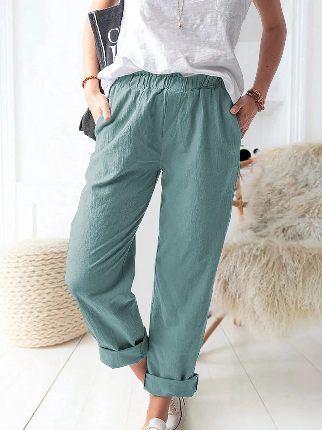 Women's Straight Pants Elastic Waist Casual Trousers Pants with Pockets