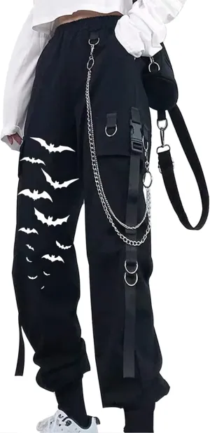 Womens Straight Wide Leg Cargo Pants Elastic Waist Elastic Waist Pants with Chain Jogging Sweatpants