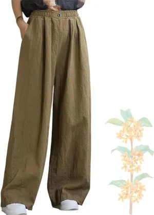 Women's Summer Cotton Linen Wide Leg Straight Leg Pants, Plus Size Elastic Waist Trousers Casual Elastic Waist Pants