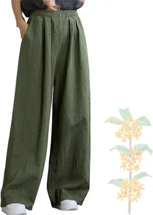 Women's Summer Cotton Linen Wide Leg Straight Leg Pants, Plus Size Elastic Waist Trousers Casual Elastic Waist Pants