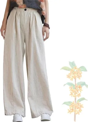 Women's Summer Cotton Linen Wide Leg Straight Leg Pants, Plus Size Elastic Waist Trousers Casual Elastic Waist Pants