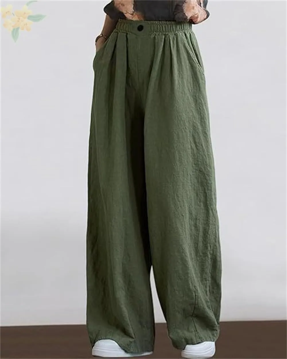 Women's Summer Cotton Linen Wide Leg Straight Leg Pants, Plus Size Elastic Waist Trousers Casual Elastic Waist Pants