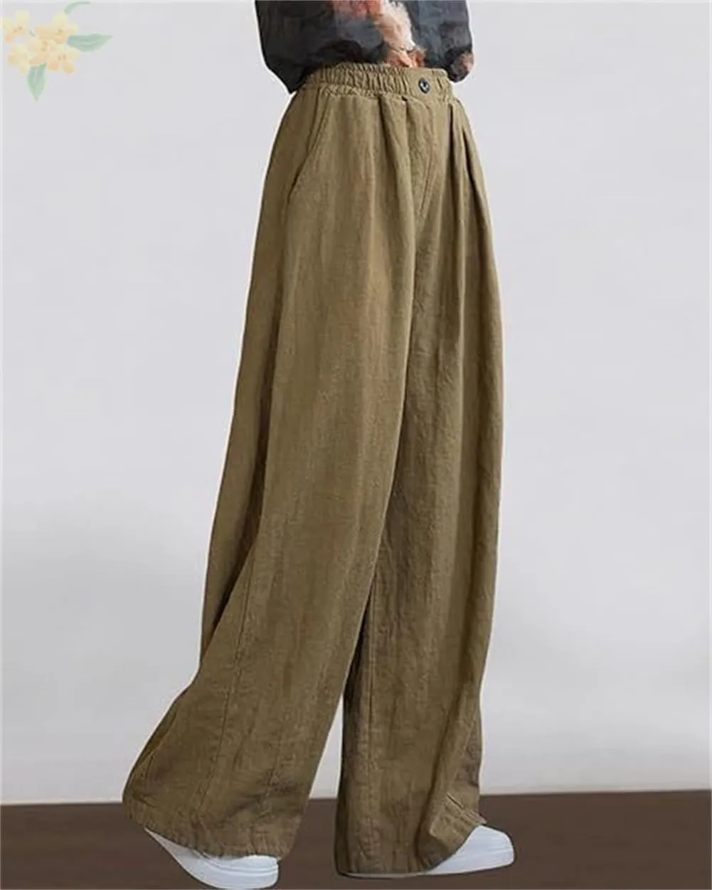 Women's Summer Cotton Linen Wide Leg Straight Leg Pants, Plus Size Elastic Waist Trousers Casual Elastic Waist Pants