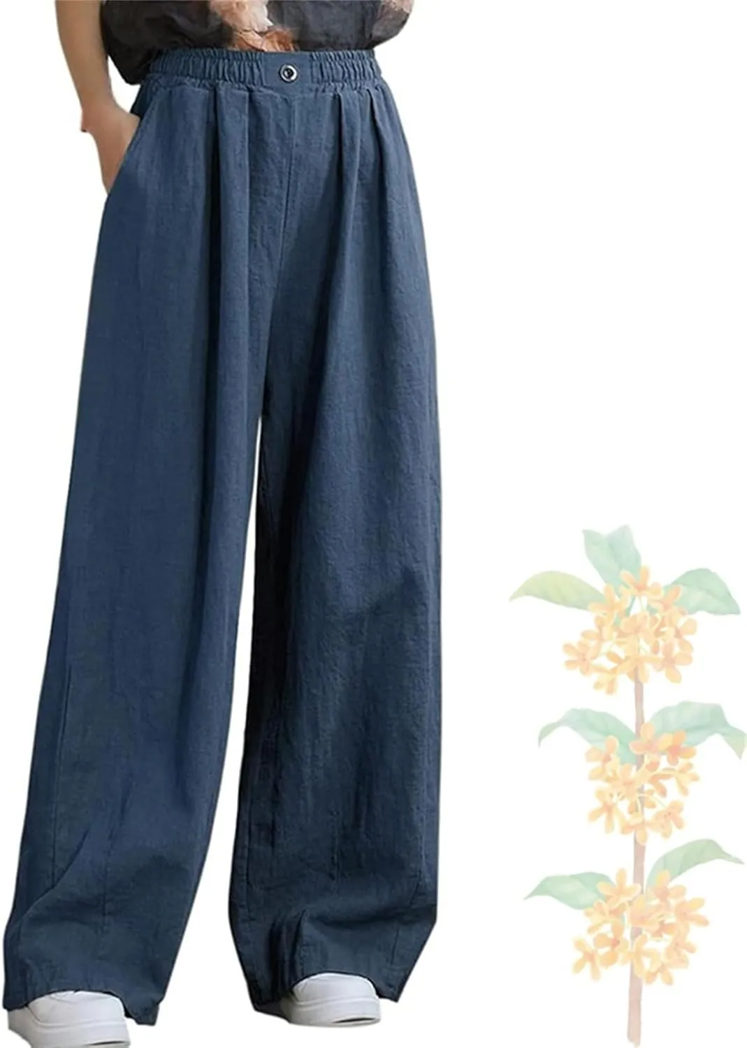 Women's Summer Cotton Linen Wide Leg Straight Leg Pants, Plus Size Elastic Waist Trousers Casual Elastic Waist Pants