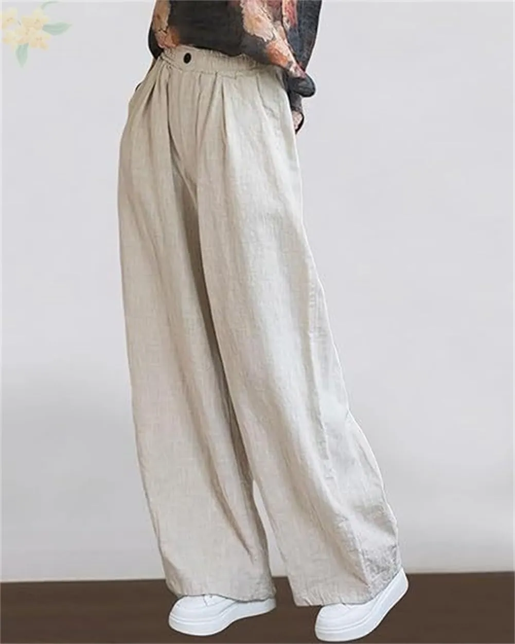 Women's Summer Cotton Linen Wide Leg Straight Leg Pants, Plus Size Elastic Waist Trousers Casual Elastic Waist Pants