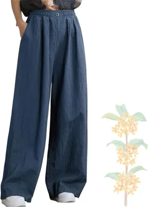 Women's Summer Cotton Linen Wide Leg Straight Leg Pants, Plus Size Elastic Waist Trousers Casual Elastic Waist Pants