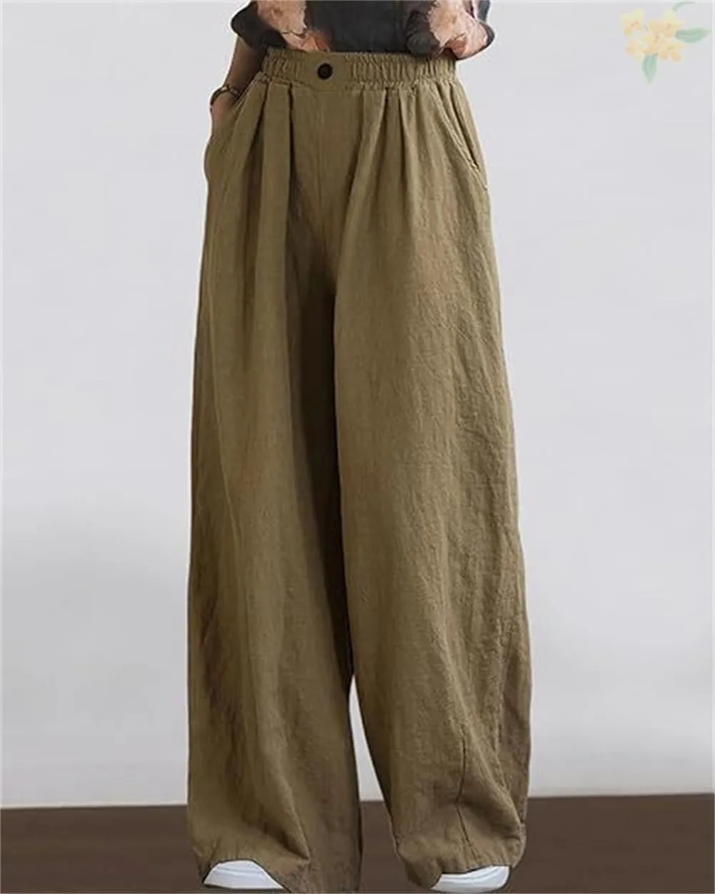Women's Summer Cotton Linen Wide Leg Straight Leg Pants, Plus Size Elastic Waist Trousers Casual Elastic Waist Pants