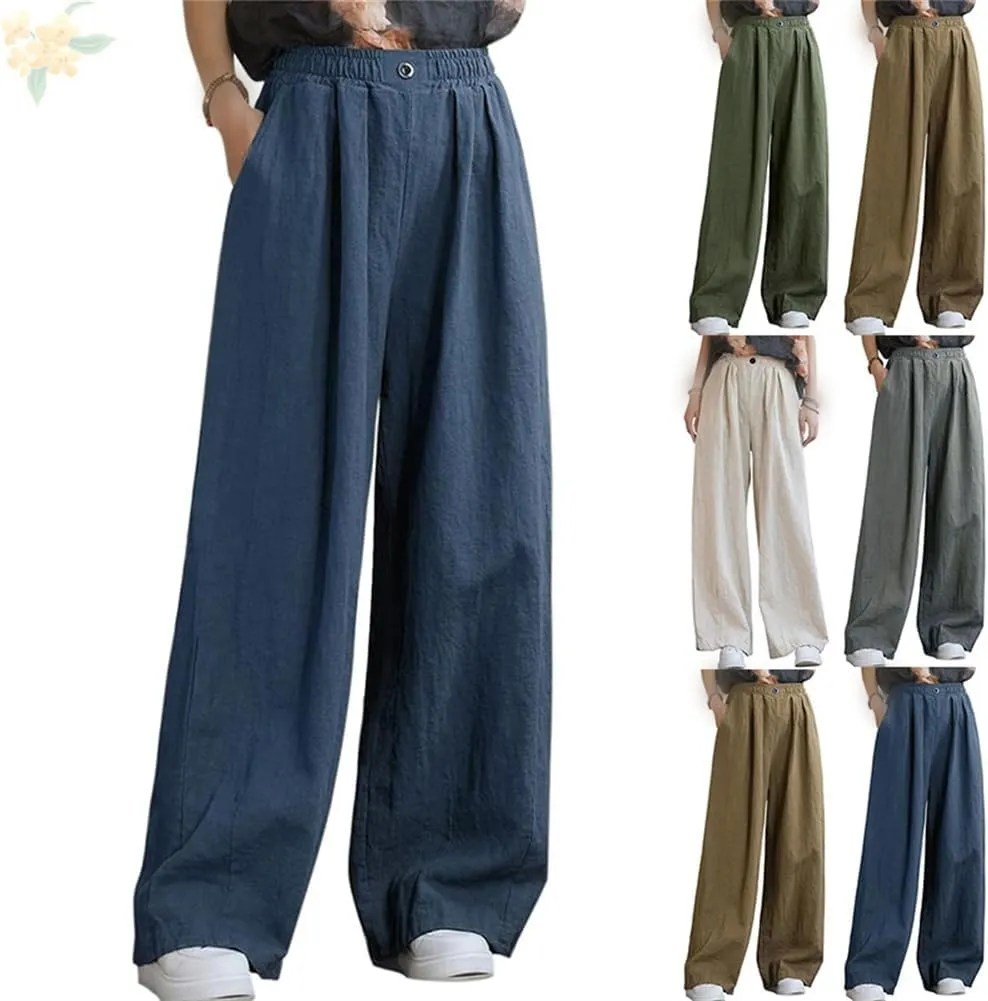 Women's Summer Cotton Linen Wide Leg Straight Leg Pants, Plus Size Elastic Waist Trousers Casual Elastic Waist Pants