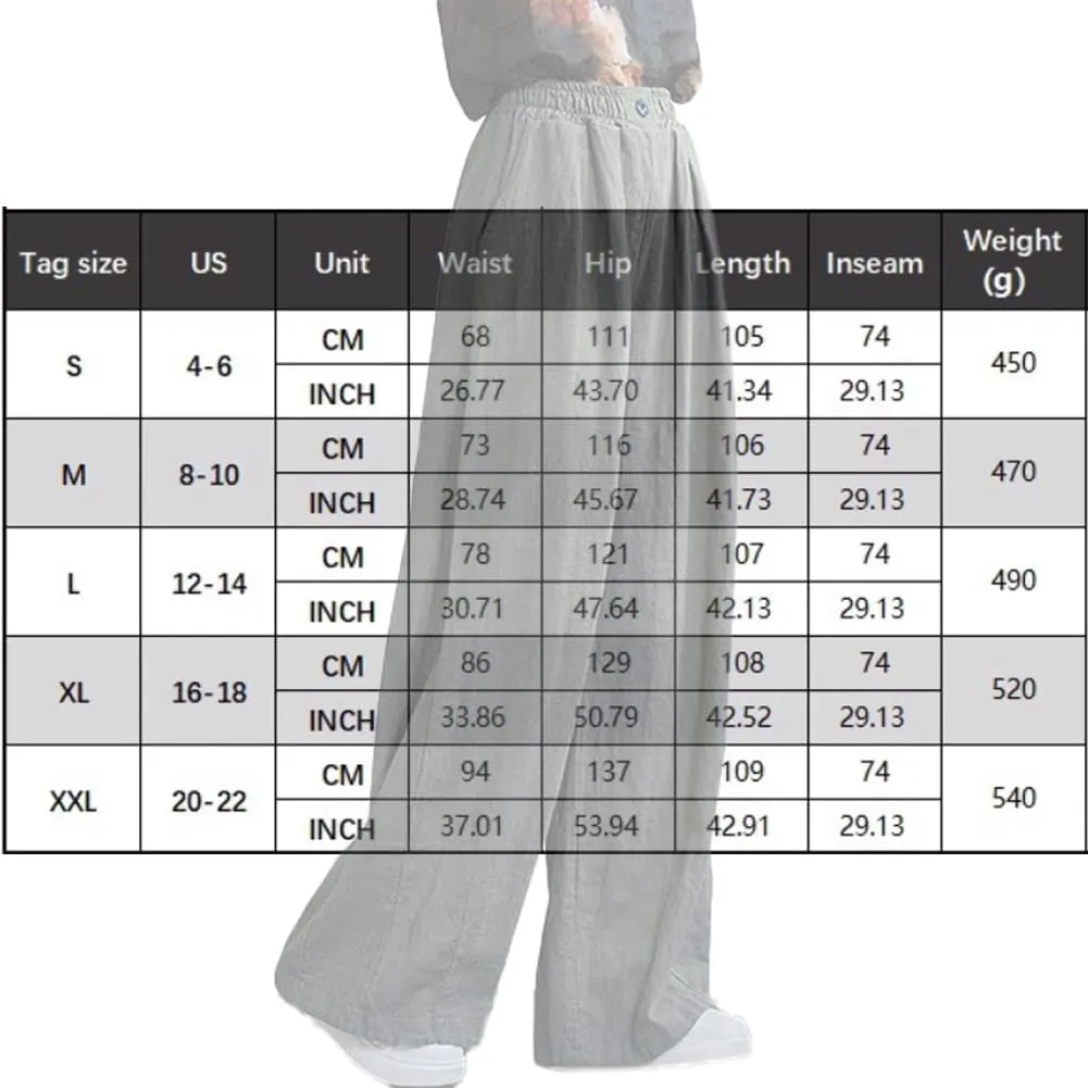 Women's Summer Cotton Linen Wide Leg Straight Leg Pants, Plus Size Elastic Waist Trousers Casual Elastic Waist Pants