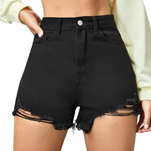 Women's Summer Denim Shorts High Waisted Distressed Raw Hem Jean Shorts 2024 Trendy Casual Stretchy Hot Shorts with Pockets