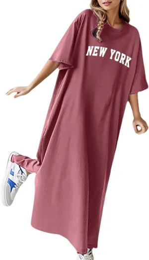 Women's Summer Loose Casual Flower Print Short Sleeve T Shirt Long Dress Loose Mini Dresses for Women Party