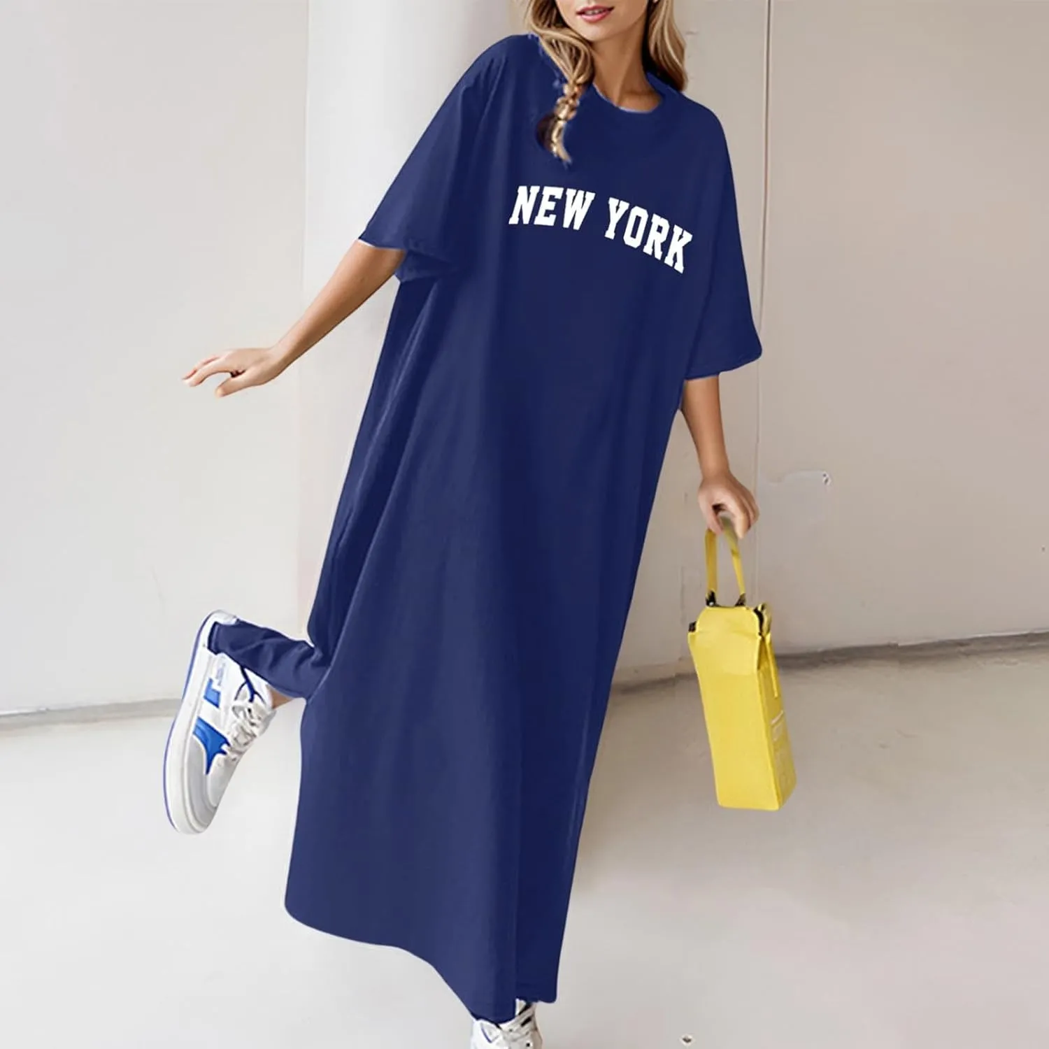 Women's Summer Loose Casual Flower Print Short Sleeve T Shirt Long Dress Loose Mini Dresses for Women Party