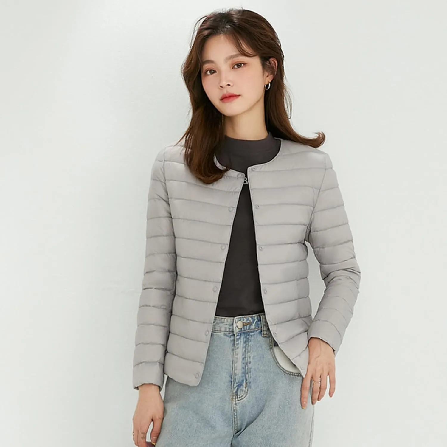 Womens Ultra Lightweight Packable Short Down Jacket Fashion Collarless Button Down Quilted Puffer Parka Coats Outwear